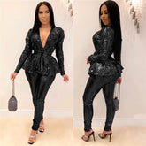 Women's Slim-fit Fashion Bronzing Long-sleeved Two-piece Suit - kinko