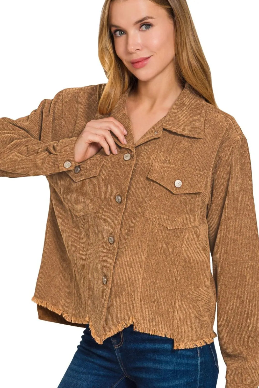 Zenana Distressed Corduroy Frayed Hem Cropped Jacket - kinko