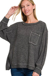 Zenana Brushed Hacci Hi-low Round Neck Knit Top - kinko