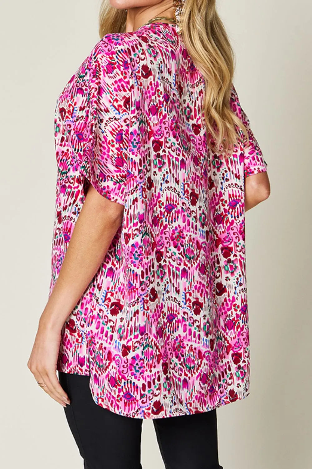 Double Take Full Size Printed V-Neck Short Sleeve Blouse - kinko