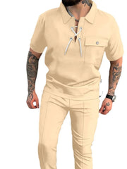 Men's Full Size Lace Up Short Sleeve Top and Pants Plus Size - kinko