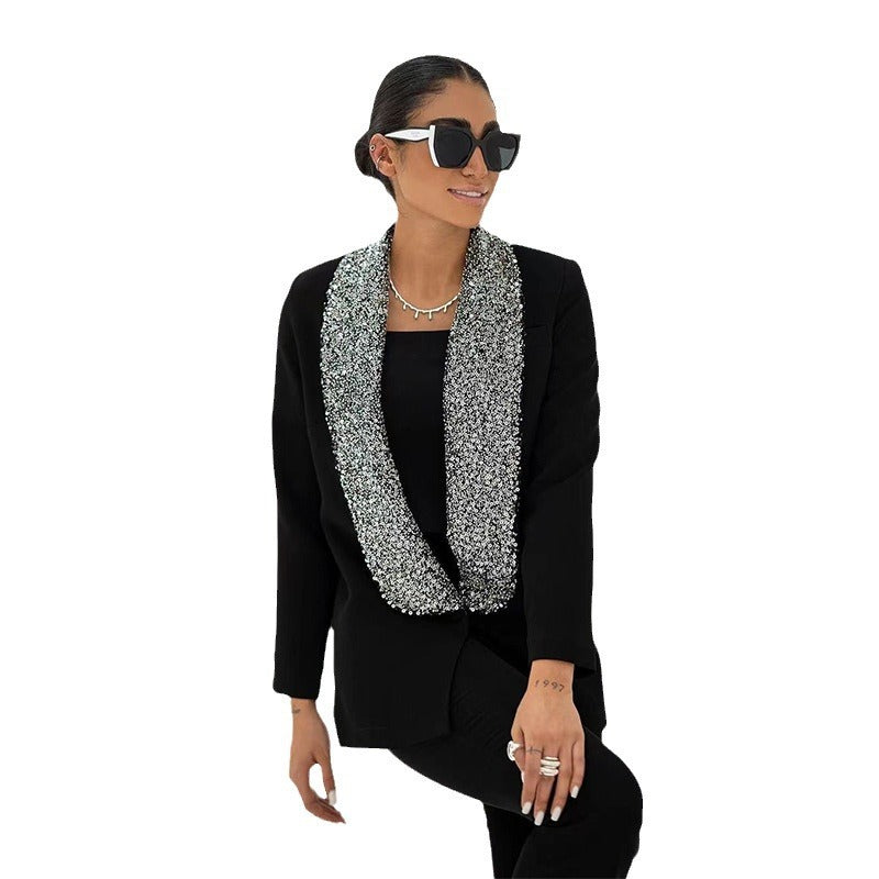 Black Shiny Sequined Deep V-neck Blazer - kinko