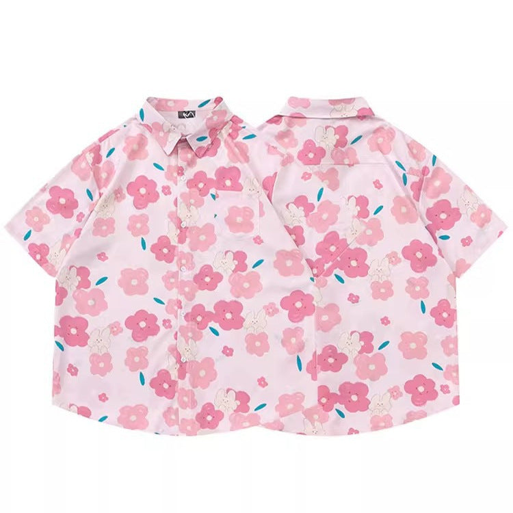 Women's Design Retro Hong Kong Style Printed Short-sleeved Shirt - kinko