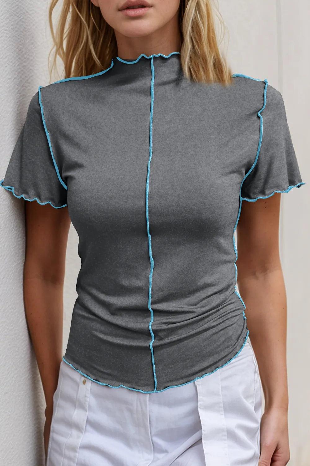 Basic Bae Contrast Trim Mock Neck Short Sleeve T-Shirt - kinko