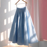 Women's Versatile French High Waisted A-line Plaid Linen Skirt - kinko