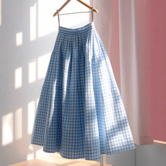 Women's Versatile French High Waisted A-line Plaid Linen Skirt - kinko