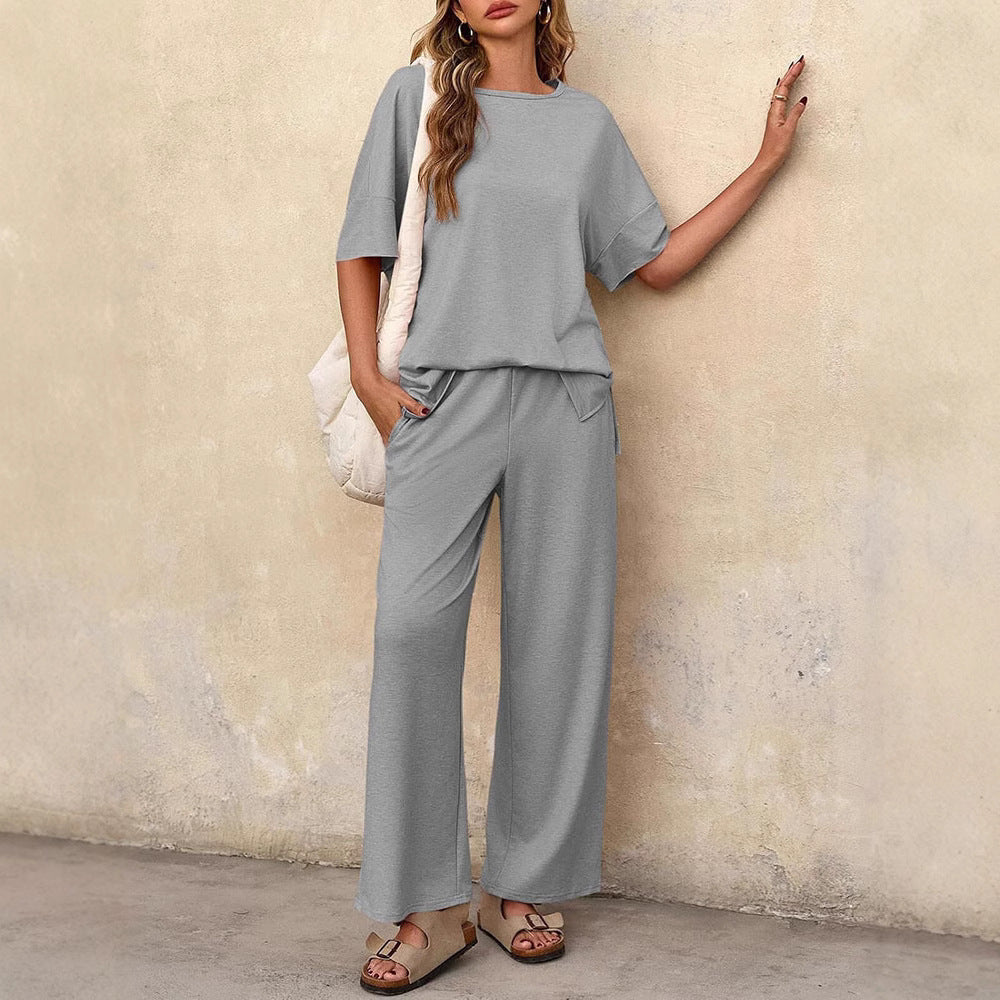 Short Sleeve Round Neck Top Wide Leg Pants Casual Women's Suit - kinko