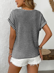 Striped V-Neck Short Sleeve T-Shirt - kinko