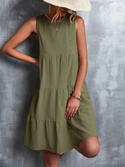 Tiered Round Neck Sleeveless Mini Tank Dress - kinko