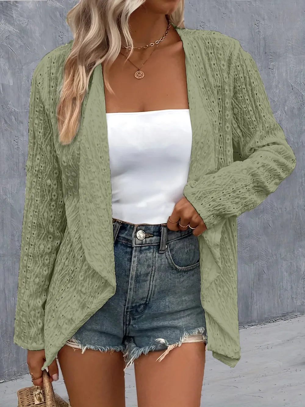 Eyelet Roll-Tab Sleeve Cardigan - kinko
