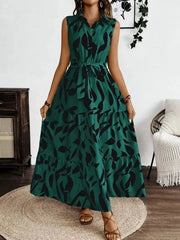 Printed Tie Waist Sleeveless Maxi Dress - kinko