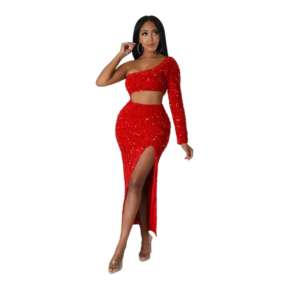 One-shoulder Fashionable Sequins Sexy Navel Split Hip Women's Clothing Dress - kinko