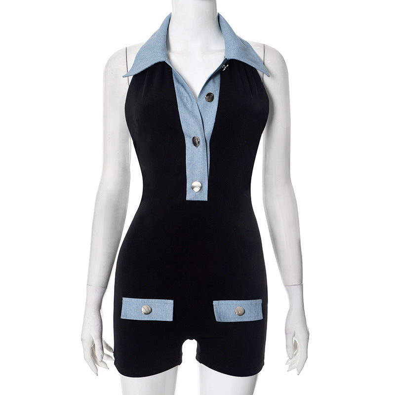 Polo Collar Denim Contrast Colors Slimming Women's Clothing One-piece Shorts - kinko