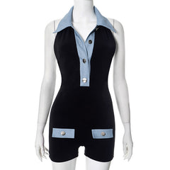 Polo Collar Denim Contrast Colors Slimming Women's Clothing One-piece Shorts - kinko