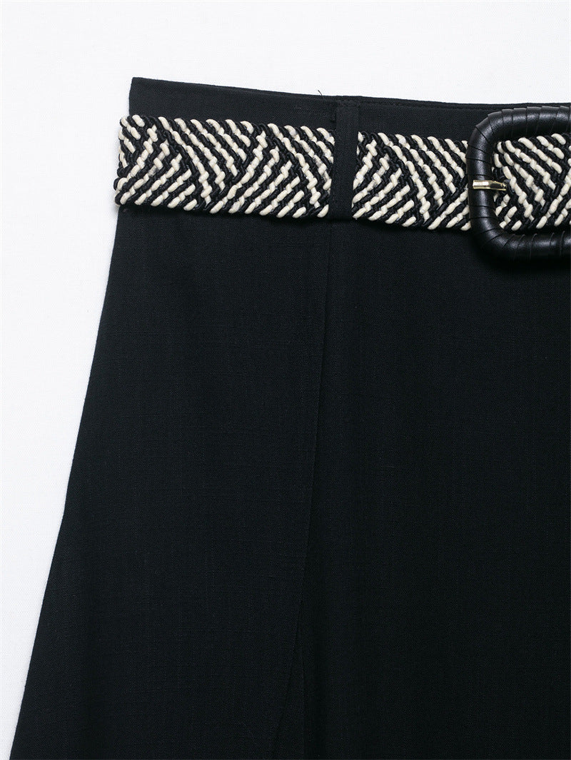 Belt Linen Blend Midi Skirt Skirt - kinko