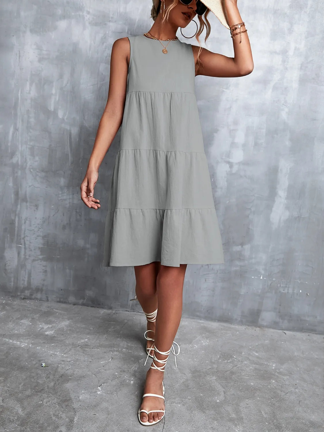 Tiered Round Neck Sleeveless Mini Tank Dress - kinko