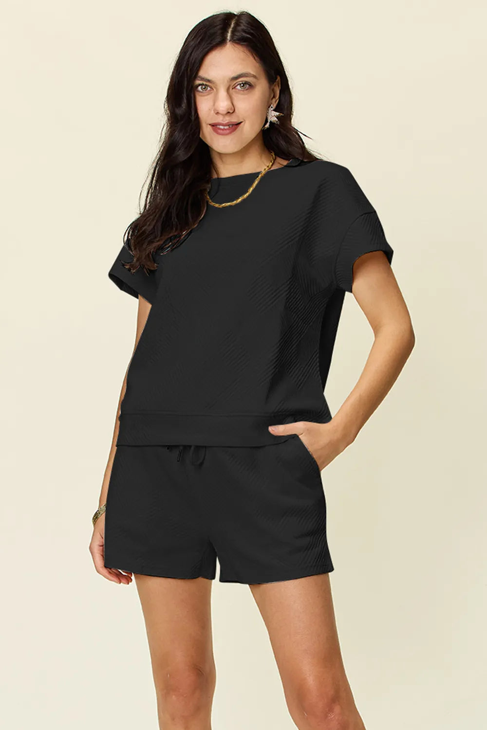 Double Take Full Size Texture Short Sleeve T-Shirt and Drawstring Shorts Set - kinko