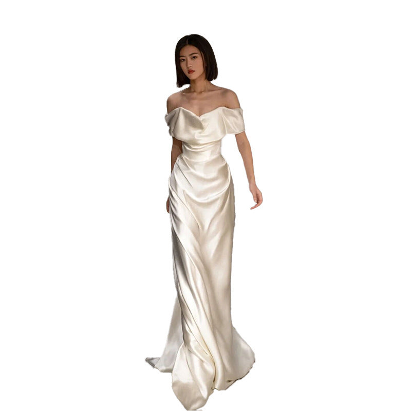 French White Off-shoulder Light Wedding Dress - kinko