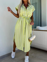Striped Tie Waist Short Sleeve Dress - kinko