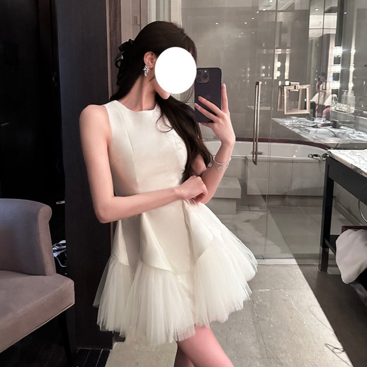 Puff Mesh Stitching Pearlescent Dress - kinko