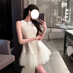 Puff Mesh Stitching Pearlescent Dress - kinko