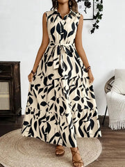 Printed Tie Waist Sleeveless Maxi Dress - kinko