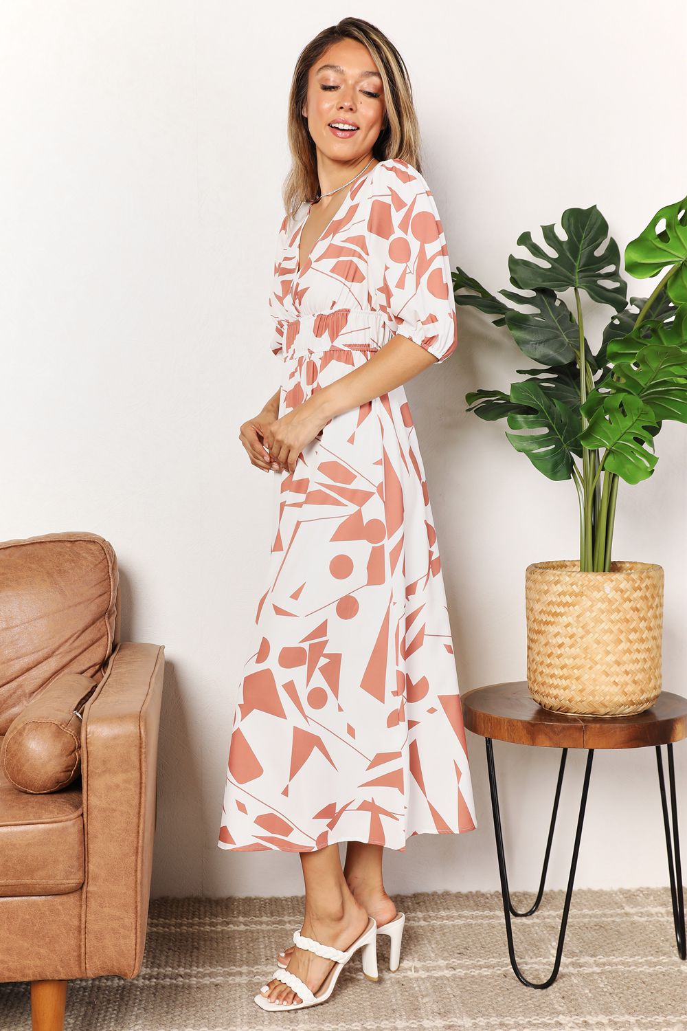 Printed Surplice Balloon Sleeve Dress - kinko