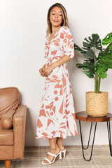 Printed Surplice Balloon Sleeve Dress - kinko