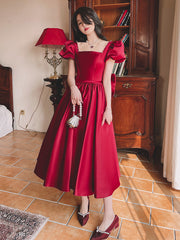 Winter Wine Red Engagement Daily French Princess On The Run Satin Dress - kinko