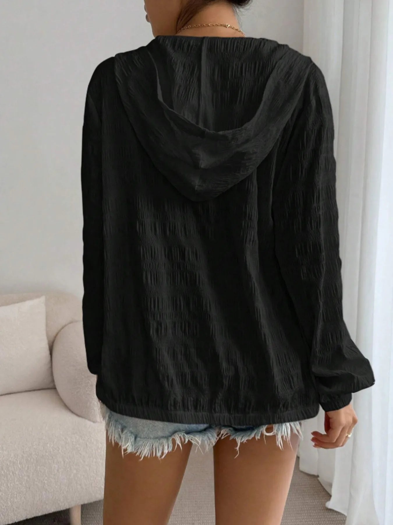 Zip Up Long Sleeve Hooded Outerwear - kinko