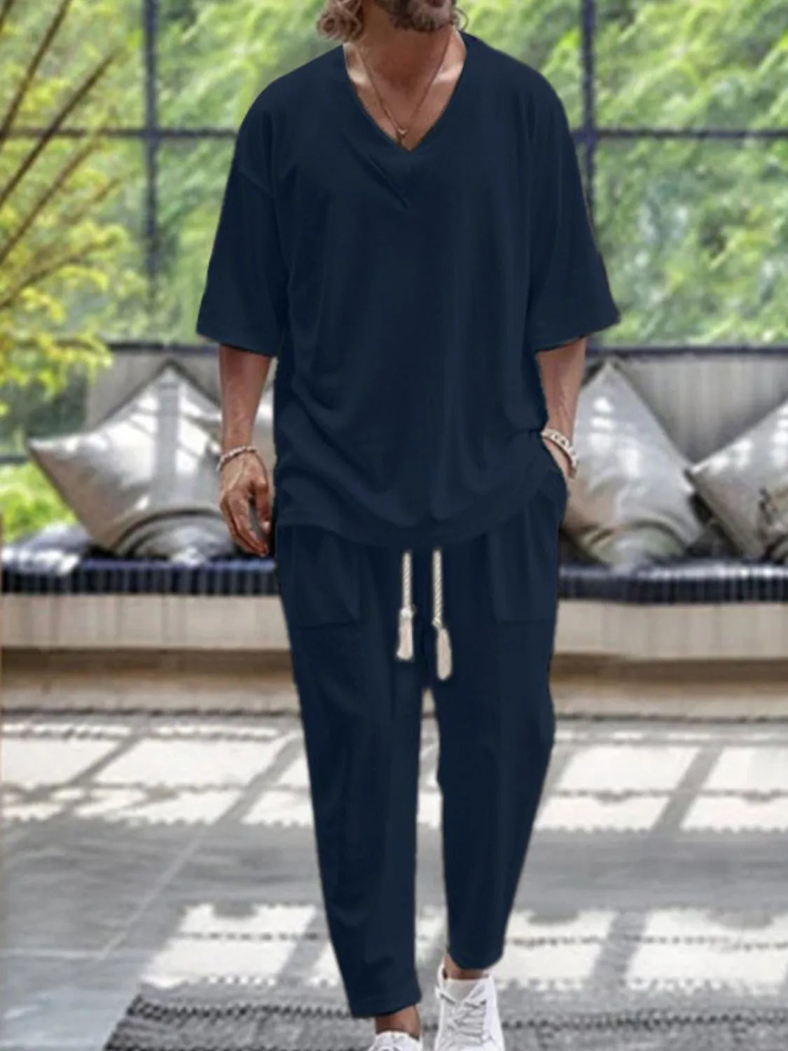 Men's V-Neck Half Sleeve Top and Pants Set - kinko