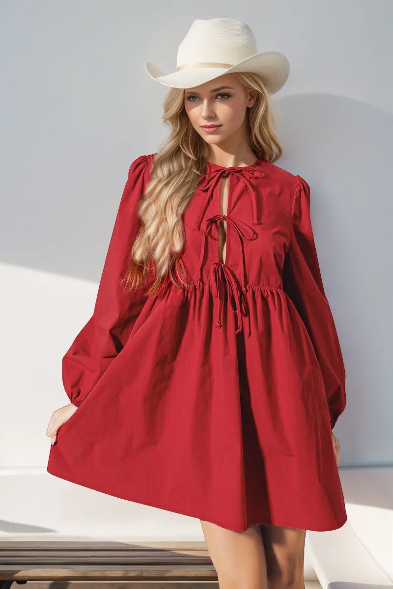 Double Take Christmas Front Tied Long Sleeve Mini Dress - kinko
