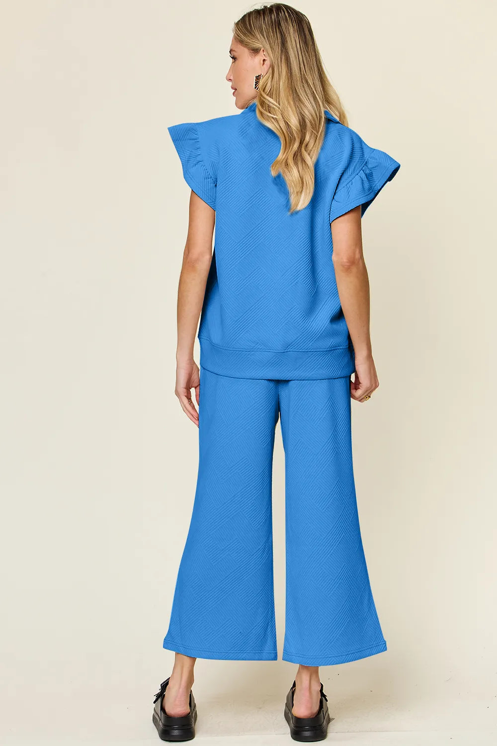 Double Take Texture Ruffle Short Sleeve Top and Drawstring Wide Leg Pants Set - kinko