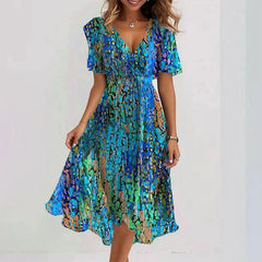 Chiffon Printed Short Sleeve Dress Summer Elegant V-neck Dresses Womens Clothing - kinko