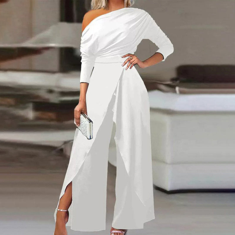 Women's Elegant One-Shoulder Jumpsuit With Long Sleeves & Pants Slit Pleated Waist Formal & Party For Spring&Summer - kinko