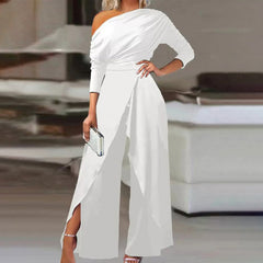 Women's Elegant One-Shoulder Jumpsuit With Long Sleeves & Pants Slit Pleated Waist Formal & Party For Spring&Summer - kinko