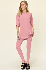 Double Take Full Size Round Neck Dropped Shoulder T-Shirt and Leggings Set - kinko