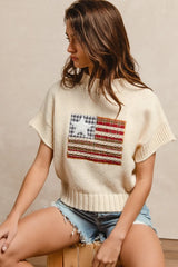 BiBi American Flag Patchwork Drop Shoulder Sweater - kinko