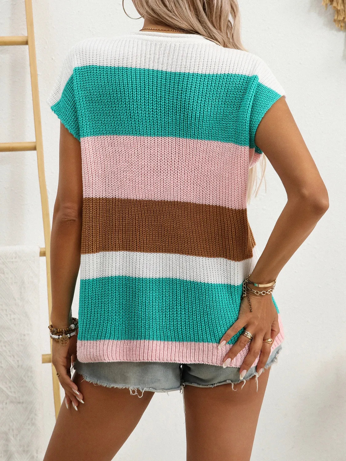 Color Block Notched Short Sleeve Knit Top - kinko