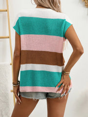 Color Block Notched Short Sleeve Knit Top - kinko