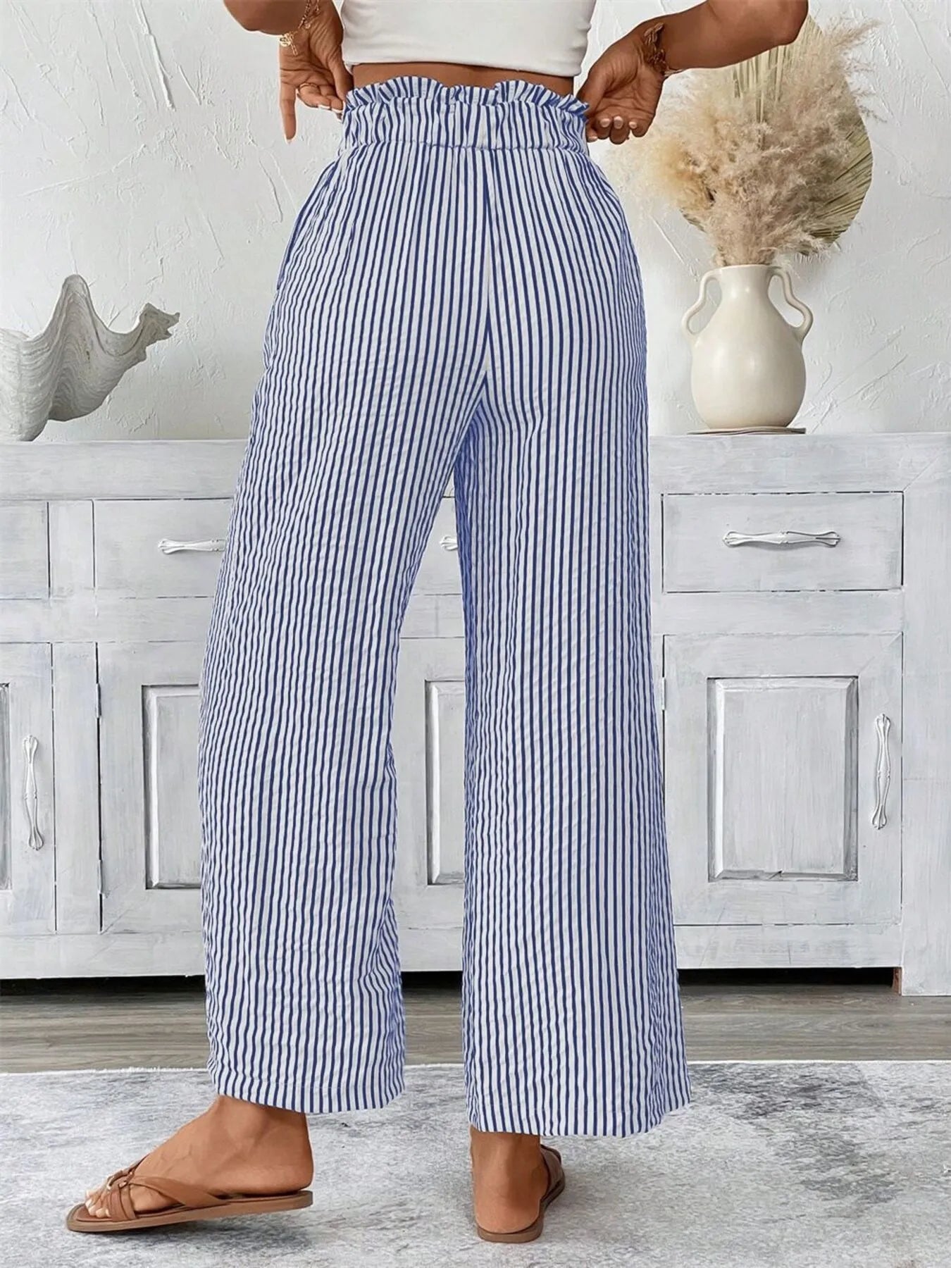 Full Size Striped Wide Leg Paper Bag Pants Plus Size - kinko