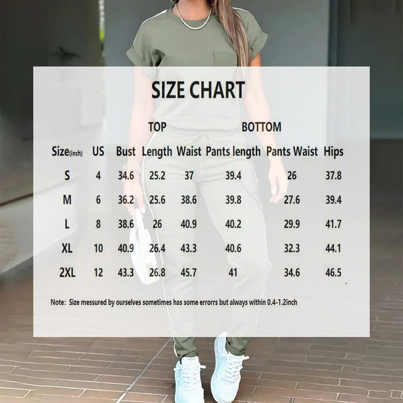 Women's Solid Color Short Sleeve Two-Piece Set - Round Neck, Stripe Trim, Tie Waist Belt, Pockets Spring&Summer Casual Outfit - kinko