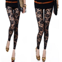 Sexy Tight Slim-fitting Ankle Length Trousers Solid Color Breathable Lace Rose Leggings - kinko