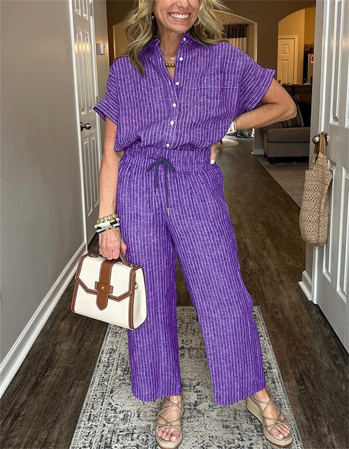 Women's Striped Suit Lapel Short Sleeve Straight Idle Style Trousers - kinko