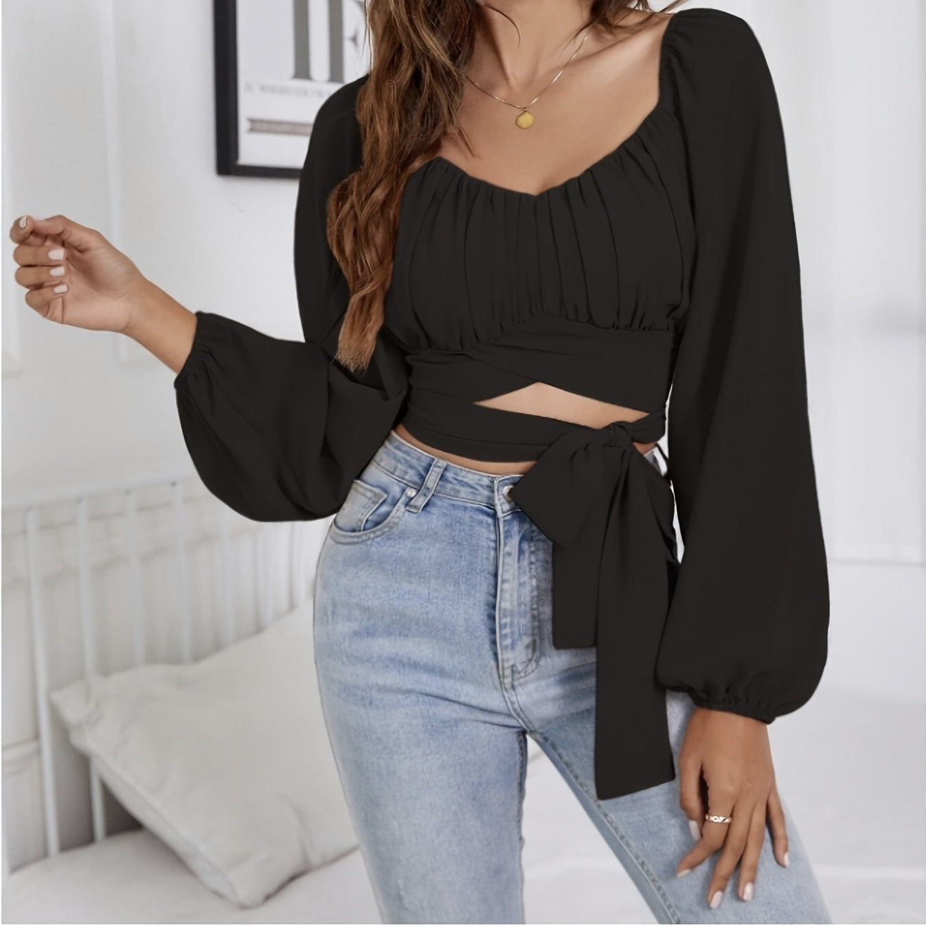 Ladies' Fashionable And Sexy Long Sleeved Lace Up Short Top Korean Retro Slim Fit Bubble Sleeve Personalized Square Neck Shirt Solid Color Slimming - kinko