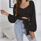 Ladies' Fashionable And Sexy Long Sleeved Lace Up Short Top Korean Retro Slim Fit Bubble Sleeve Personalized Square Neck Shirt Solid Color Slimming - kinko