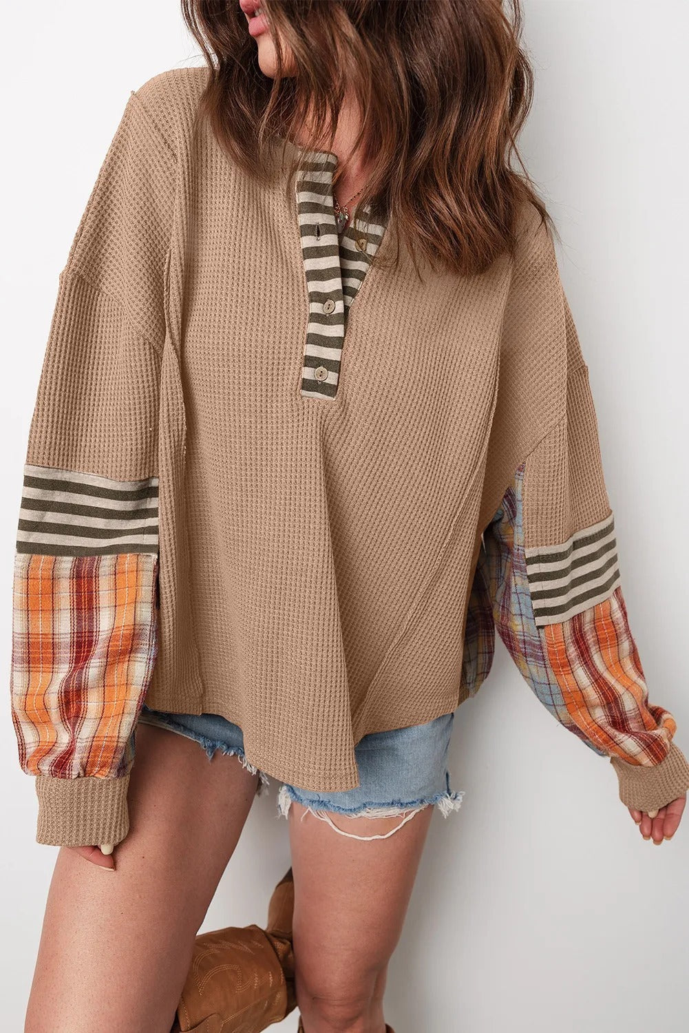 Straw Yellow Waffle Stripe Plaid Patchwork Henley Knit Top - kinko