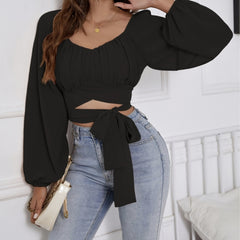 Ladies' Fashionable And Sexy Long Sleeved Lace Up Short Top Korean Retro Slim Fit Bubble Sleeve Personalized Square Neck Shirt Solid Color Slimming - kinko