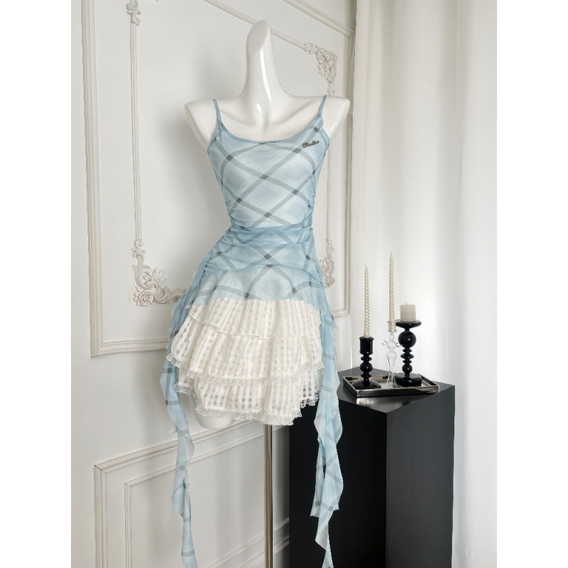 Blue Suit Mesh Stretch Slim Strap Top Lace Cake Dress - kinko