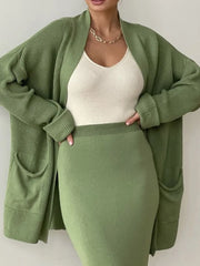 Pocketed Long Sleeve Cardigan and Skirt Sweater Set - kinko